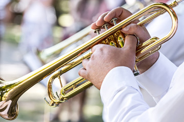 Obraz na płótnie Canvas military brass band musician with trumpet