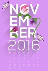 2016 Calendar : November : Typography And Decorative items : Vector Illustration