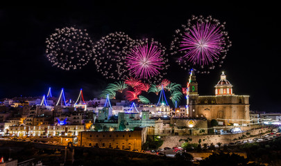 Fireworks display for the village feast of Our lady in Mellieha - Malta - obrazy, fototapety, plakaty