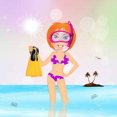 girl with scuba mask and fins