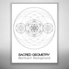 bstract brochure template with sacred geometry drawing, Metatrons Cube and hexagrammas in circles. Vector illustration.