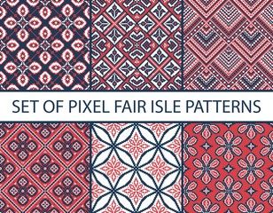 Collection of pixel retro seamless patterns with stylized fair isle ornament. Vector illustration.