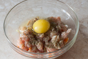 Ingredients for cooking: meal, carrot, onion, egg