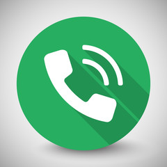 White Phone icon with long shadow on green circle
