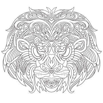 Zentangle stylized cartoon face of lion, isolated on white background. Sketch for adult antistress coloring page. Hand drawn doodle, zentangle, floral design elements for coloring book.