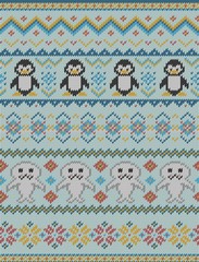 Knitted bright seamless winter pattern with stylized penguins and seals in fair isle style. Vector illustration.