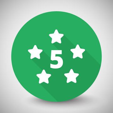White Five Star icon with long shadow on green circle