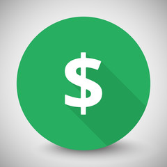 White Dollar icon with long shadow on green circle
