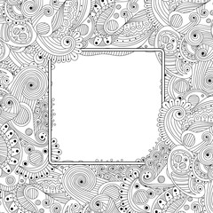 Abstract hand drawn zentangle style frame. Doodle art black and white decorative border.