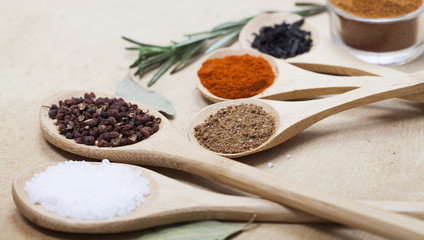 Spices on wooden spoons