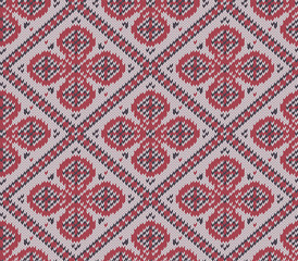 Knitted background in Fair Isle style in three colors. Seamless sweater pattern. Vector illustration.