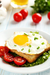 Fototapeta na wymiar Fried eggs with toasts on plate on blue wooden table