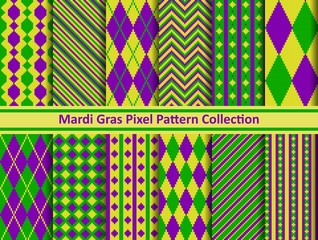 Mardi Gras pixel seamless pattern set in holiday colors. Vector illustration. © 0mela