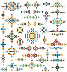 Set of bright geometric tribal design elements. Vector illustration in pixel art style.