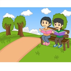 Children reading a book in the park cartoon