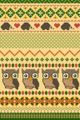 Pixel bright seamless winter pattern with stylized owls and hedgehogs. Vector illustration.
