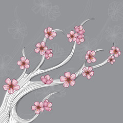 Spring branch drawing with pink flowers for spring
