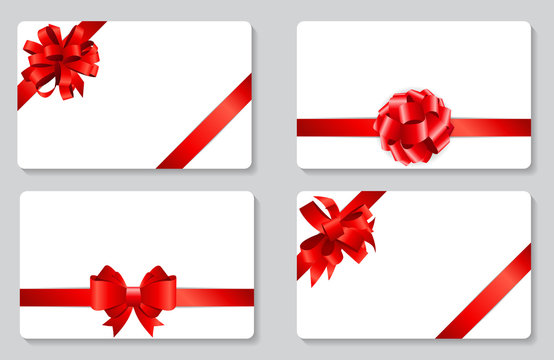 Gift Card with Red Bow and Ribbon Set Vector Illustration