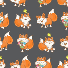 Seamless pattern with funny cartoon  foxes,   butterfly  and  flowers on  dark  background. Vector image.