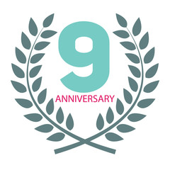 Template Logo 9 Anniversary in Laurel Wreath Vector Illustration