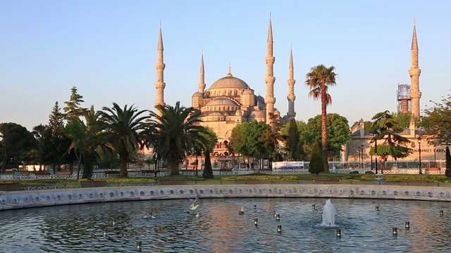 Scenic view at fountain and The Blue Mosque in summer Instanbul, Turkey