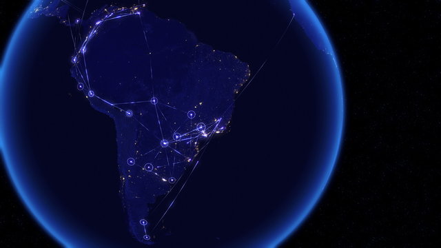 Global communications through the network of connections over South America. Concept of internet, social media, traveling or logistics. High resolution texture of city lights at night. 4k - Ultra HD.