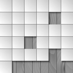 Abstract background with squares and wooden wall