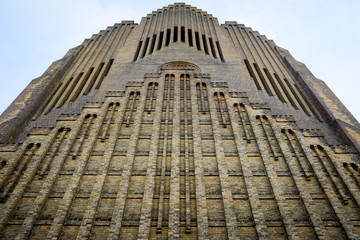 Looking up the brick wall church in Copenhagen..