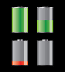 Vector battery icons. Set of charged and discharged batterie icons.