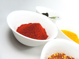 Variation of spices, paprika powder, curry, chili powder and laurel leafs