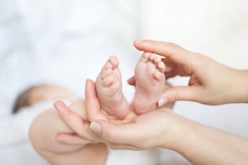 Baby feet in hands of mother