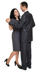 Couple dance, studio portrait on white. Dressed in black suit.