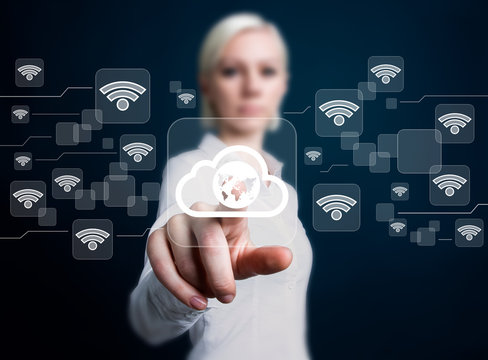 Social network Wifi business woman presses web button cloud map