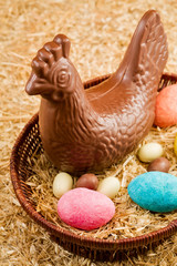 Easter chocolate hen and eggs