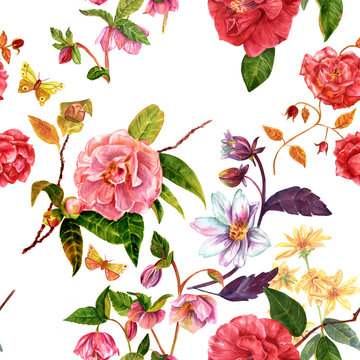 Vintage style seamless background pattern with watercolor flower