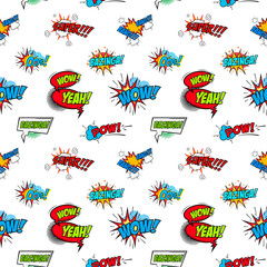 Stoffe zum Nähen Satz von Comic-Text, Pop-Art-Stil Phrasen. Nahtloses Muster