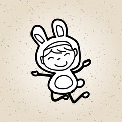 Hand drawing cartoon happy girl in rabbit suit for easter