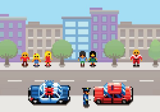 A car stopped by the police pixel art video game style layer illustration