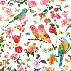 Obrazy na Plexi  Wzór z akwarelowymi kwiatami, ptakami i motylami w stylu vintage