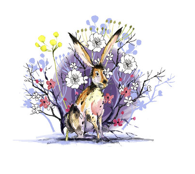 Easter, rabbit, flowers, watercolor