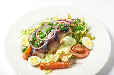 Salad with mackerel fish, zucchini, lettuce, carrots and creamy dressing 