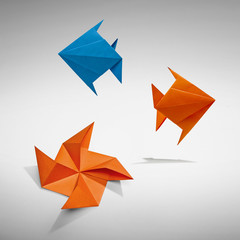 Group of swimming fishs in Origami - clipping path