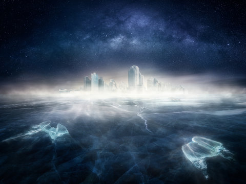 Frozen city in icy landscape under the night sky