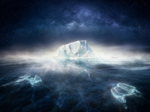 Iceberg in frozen icy landscape with polar bears and night sky