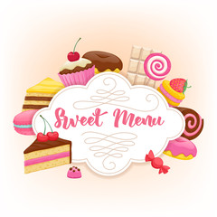 Assorted sweets colorful background. Sweet menu design.