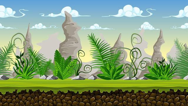 Seamless cartoon background for game design, vector illustration with separate layers