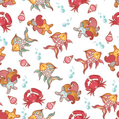 Marine seamless pattern with marine life