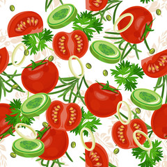 Seamless pattern with vegetable organic food. Seamless background with cucumber, onions, tomato. 