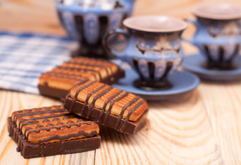 zephyr cookie with tea on wooden background