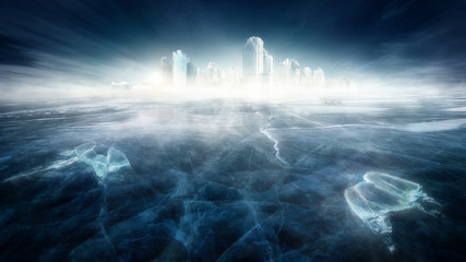 Frozen city in icy landscape